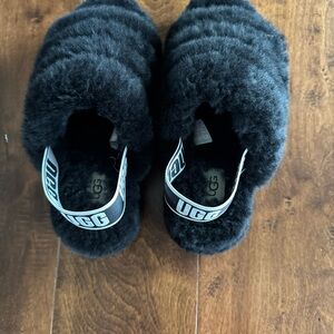 UGG Fluffy Black Slippers with Logo Band